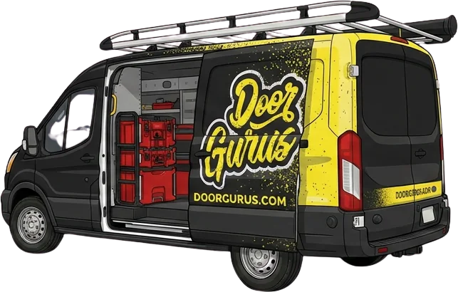 A branded Door Gurus service van
